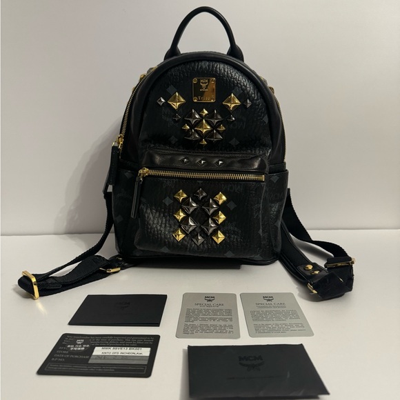 MCM Visetos Studded Colorblock Small Stark Brock Backpack Black - Picture 13 of 14